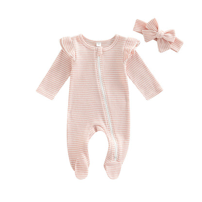 0-9M Newborn Baby Girl Clothes Ruffle Baby Sleeper Zipper Footie Knit Romper Playsuit Jumpsuit with Headband Outfit 2 Piece