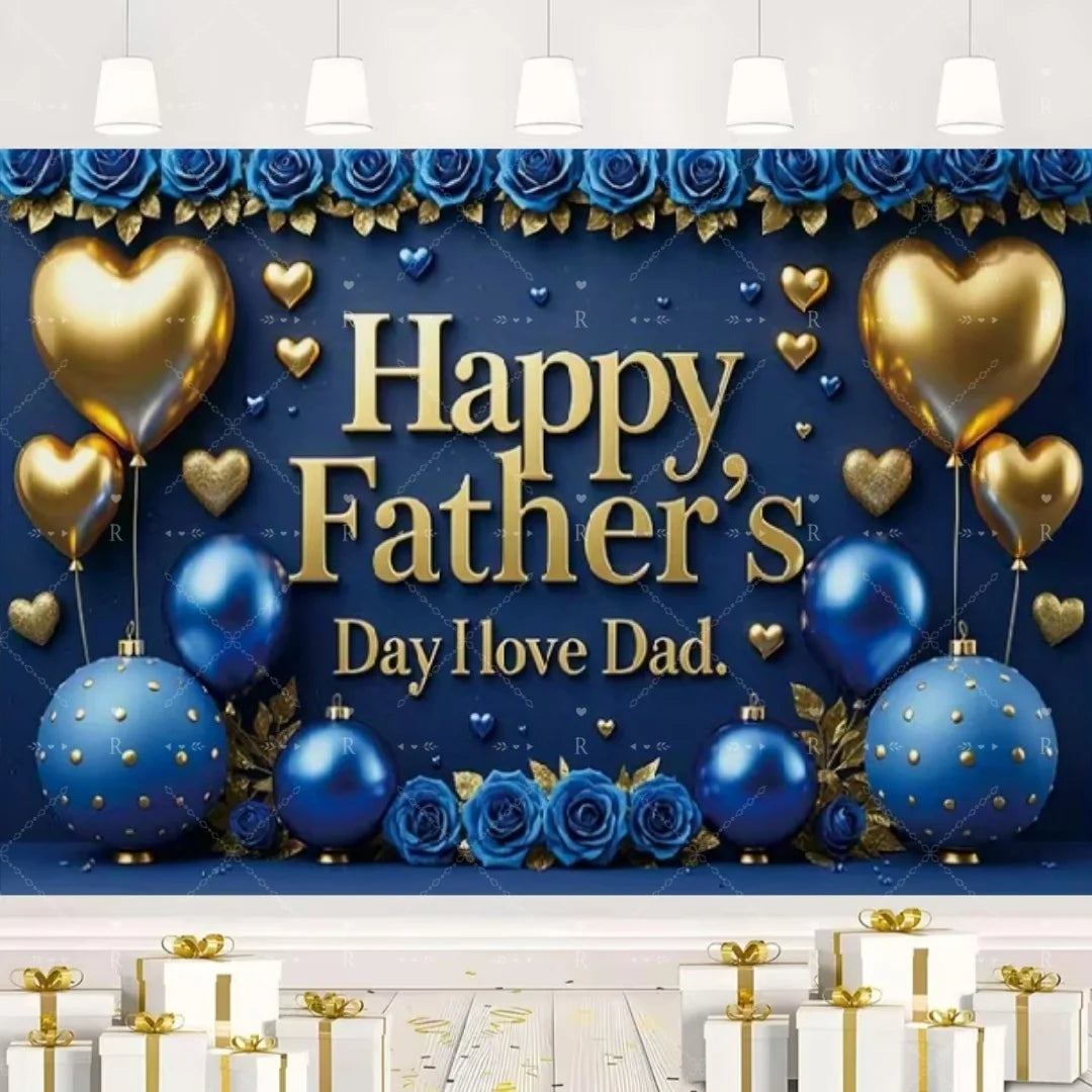 Happy Father's Day Family Party Decoration Background Feliz Día del Padre Golden Blue Balloon Backdrop for Man Tuxedo I Love Dad