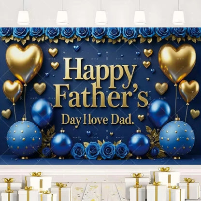 Happy Father's Day Family Party Decoration Background Feliz Día del Padre Golden Blue Balloon Backdrop for Man Tuxedo I Love Dad