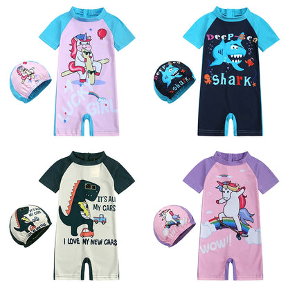2025 Toddler Children Swimwear Suit Print UV Kids Boys Girls Summer Beach Clothes 2Pcs Cap+Bathing Swimming Diving Swimsuit