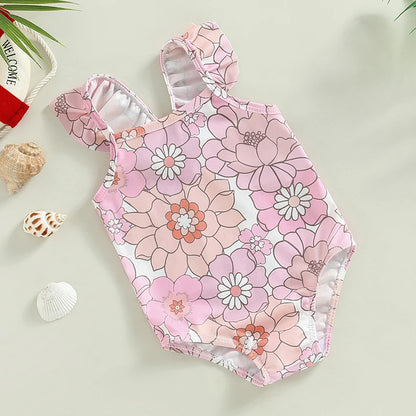 Baby Girls Swimwear Infant Off Shoulder Sleeveless Floral Print Bikini Kids Beachwear Toddler Bathing Suits Swimsuits