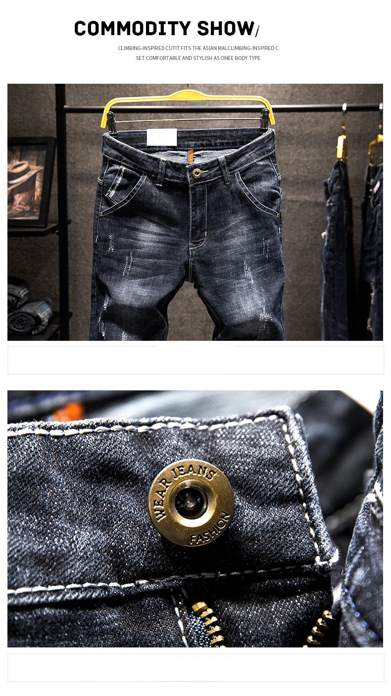 2025 Summer New Ripped Jeans Men Slim-fit Denim Pants Cotton Korean Style Fashion Men's Clothing Elasticity Versatile
