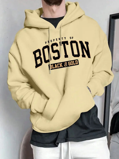 Men's Boston Letter Printed Fleece Warm Hood Adjustable Drawstring Comfortable Outdoor Use Autumn Winter Casual Fashion Hoodie