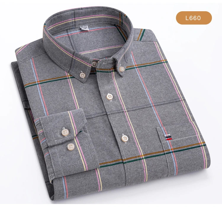 Men's Oxford Long Sleeve Shirt 100% Cotton Wrinkle Resistant & Breathable, Solid Plaid Striped Comfort Casual Button-down Shirts