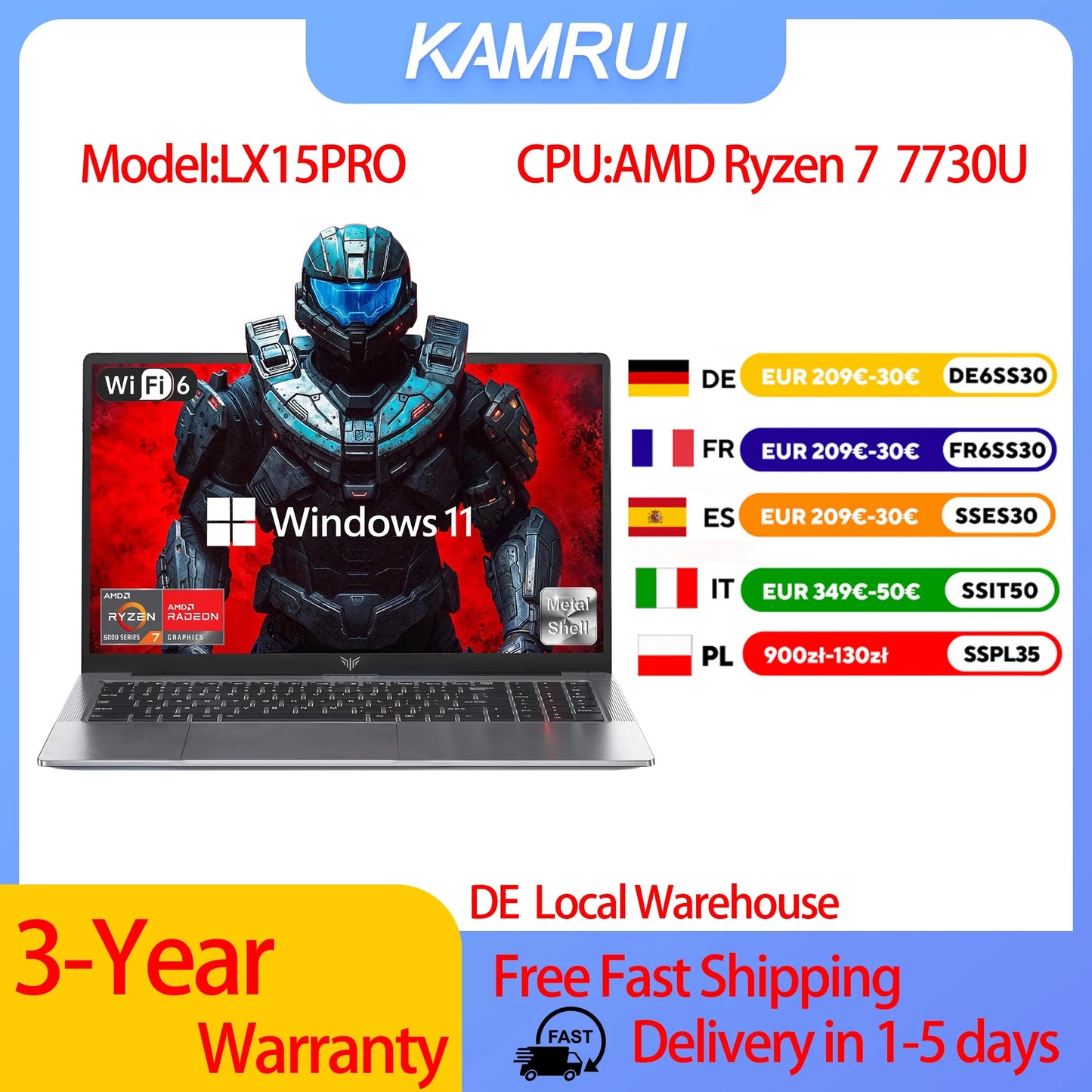 KAMRUI Gaming Laptop 15.6inch Laptop with AMD Ryzen 7 7730U 16GB 512GB Windows 11 High Performance Laptop ComputerRadeon WiFi 6