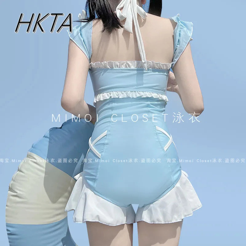 Japanese Lolita Girls Bow Cute Water Blue Swimsuit Hot Spring Bathing Swimwear Japanese Style Women One Peice Swimming Suit