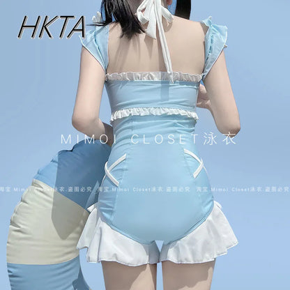 Japanese Lolita Girls Bow Cute Water Blue Swimsuit Hot Spring Bathing Swimwear Japanese Style Women One Peice Swimming Suit