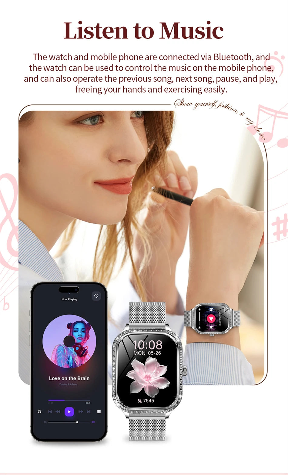 2026 Fashion Women Smart Watch Bluetooth Call Custom Watch Face Fitness Tracker IP68 Waterproof Smartwatch Woman for Android IOS