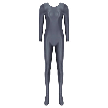 Women Oil Shiny Long Sleeve Pantyhose Jumpsuit Bodystocking Yoga Gymnastics Shapewear One-Piece Swimsuit Catsuit Glossy Bodysuit