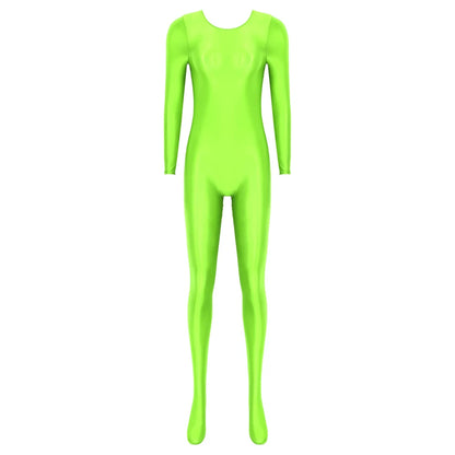 Women Oil Shiny Long Sleeve Pantyhose Jumpsuit Bodystocking Yoga Gymnastics Shapewear One-Piece Swimsuit Catsuit Glossy Bodysuit