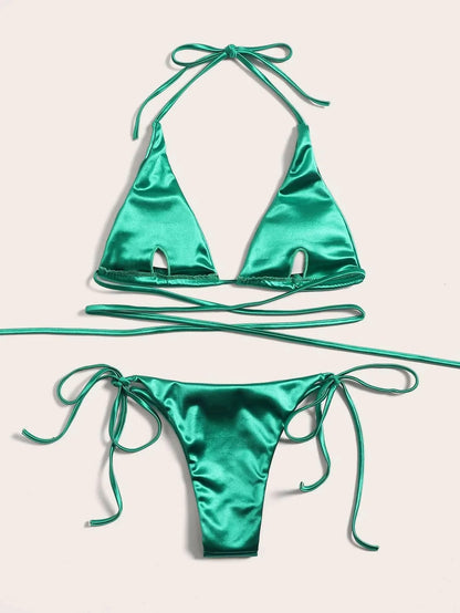 Halter Brazilian Metallic Satin Bikini Women Swimwear Female Swimsuit Two-pieces Bikini Set High Cut Bathing Suit Swim Beachwear