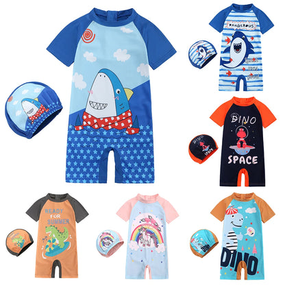 2025 Toddler Children Swimwear Suit Print UV Kids Boys Girls Summer Beach Clothes 2Pcs Cap+Bathing Swimming Diving Swimsuit