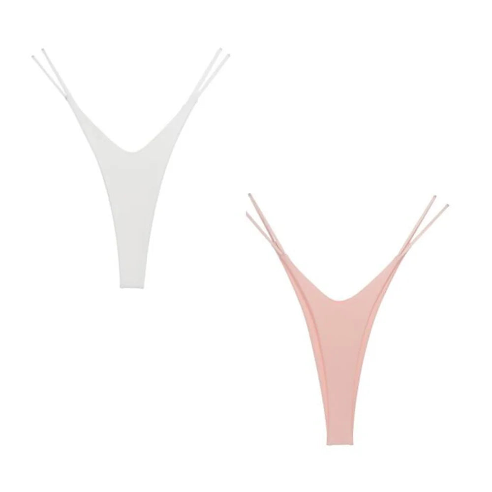 2PCS Sexy High Cut Double-layer Cotton Thong Women's Bikini Bottom Brief G-string Underwear with Elastic Thin Double Belt