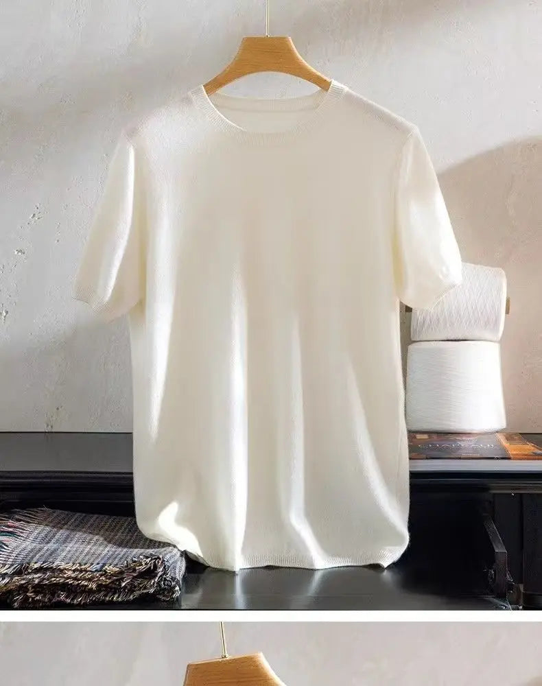 Superfine Merino Wool T Shirt Men's Knitted O-neck Breathable Thin Cashmer Short Sleeve Tee Solid Color  Men's Sweater Tops