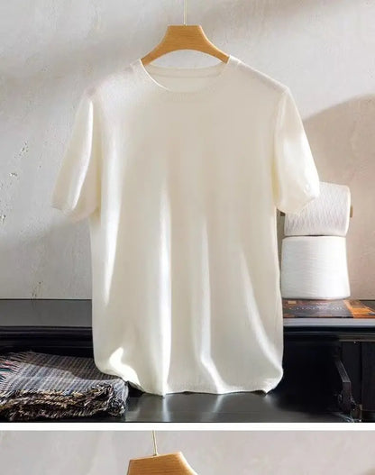 Superfine Merino Wool T Shirt Men's Knitted O-neck Breathable Thin Cashmer Short Sleeve Tee Solid Color  Men's Sweater Tops