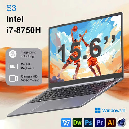 NEW S3 Computer 15.6 Inch Intel Core i7-8750H Por Laptop 2*DDR4 2*M.2 64GB 2TB SSD  Windows 11 Fingerprint Unlock 60Hz