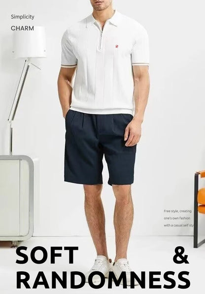 CH Men's Knitted Polo Shirt Half Zipper Lapel Short Sleeve Solid Color Casual Business Summer Breathable Top Tee