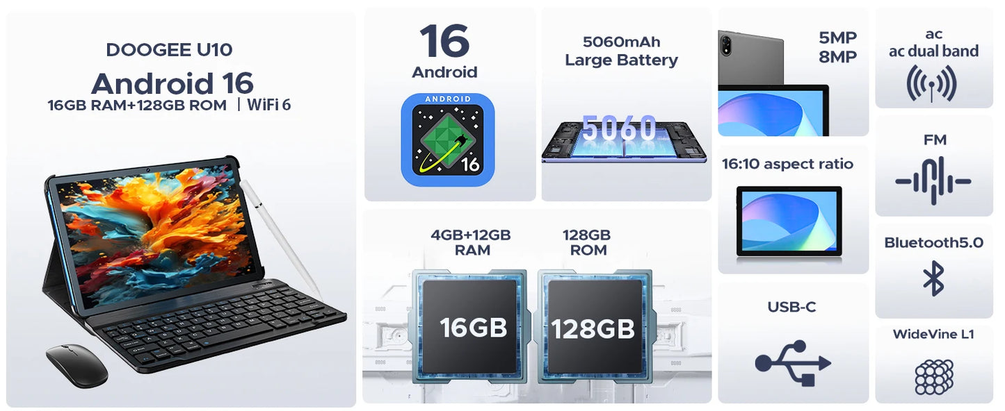 DOOGEE U10 Tablet 10.1" HD Display Android 16 16GB RAM 128GB ROM 5060mAh Large Battery Widevine L1 WiFi6 8MP+5MP Pad PC