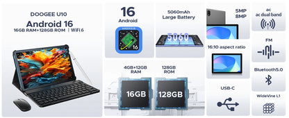 DOOGEE U10 Tablet 10.1" HD Display Android 16 16GB RAM 128GB ROM 5060mAh Large Battery Widevine L1 WiFi6 8MP+5MP Pad PC