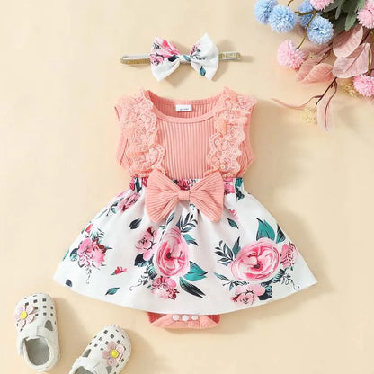 0-18 Months Infant Girl Summer Clothes Set Sleeveless Romper Dress + Headband Sweet Casual Baby Outfit