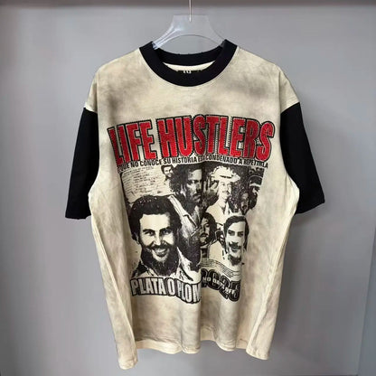 New fashion brand LIFE HUSTLERS Y2K hot stamping hole Men Women T-shirt Streetwear 100% Cotton Loose Round Neck Top Tees