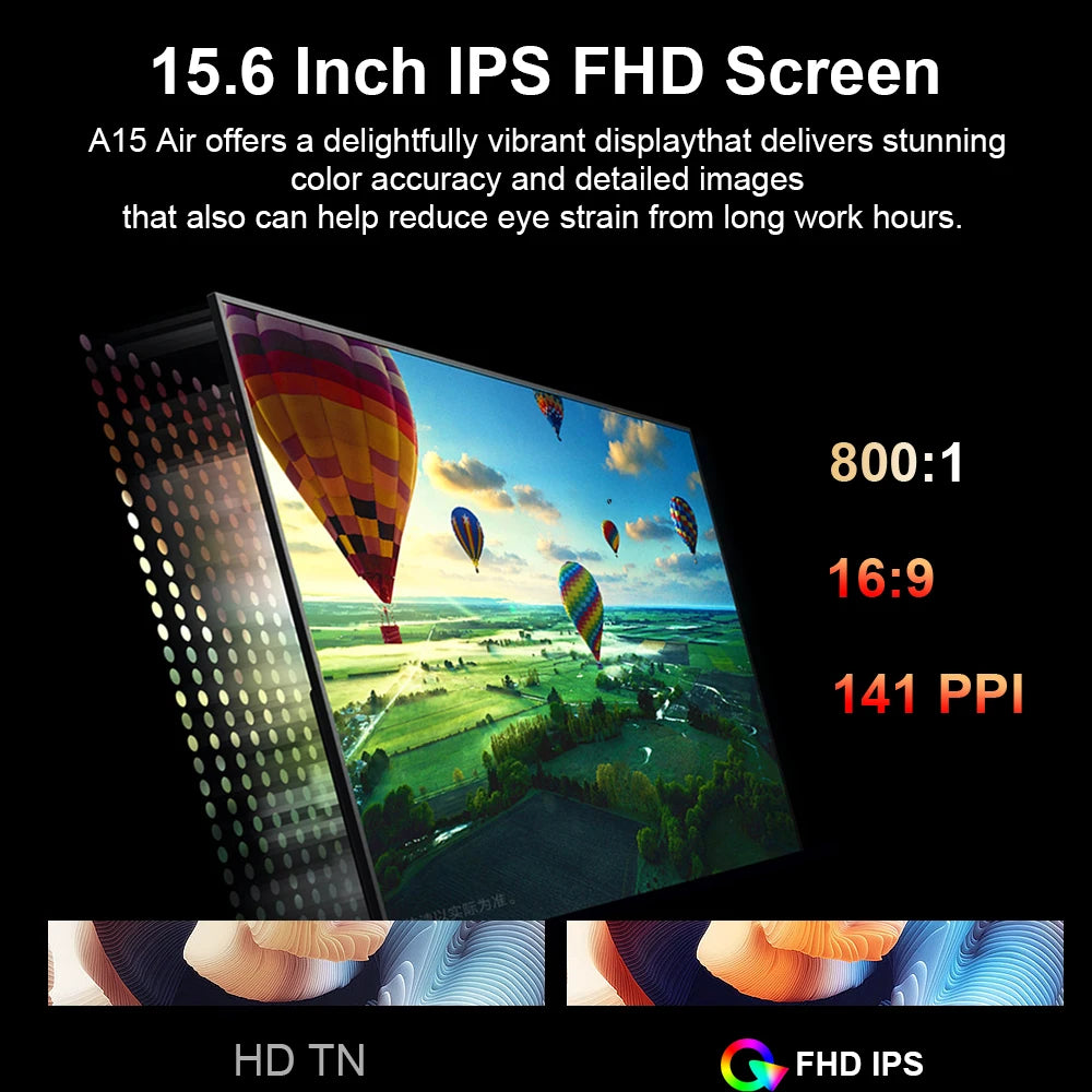 Ninkear A15 Air Laptop AMD Ryzen™ 3 3200U 16GB DDR4+512GB SSD 15.6 Inch FHD IPS Screen 180° Opening and Closing Office Notebook
