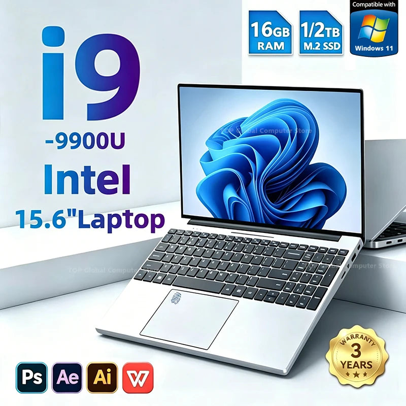 2026 Gaming 15.6" Laptop Intel Core i9 9900 Computer 16GB RAM 1TB 2TB 1920*1080 Fingerprint Unlock Backlit Laptops Windows 11
