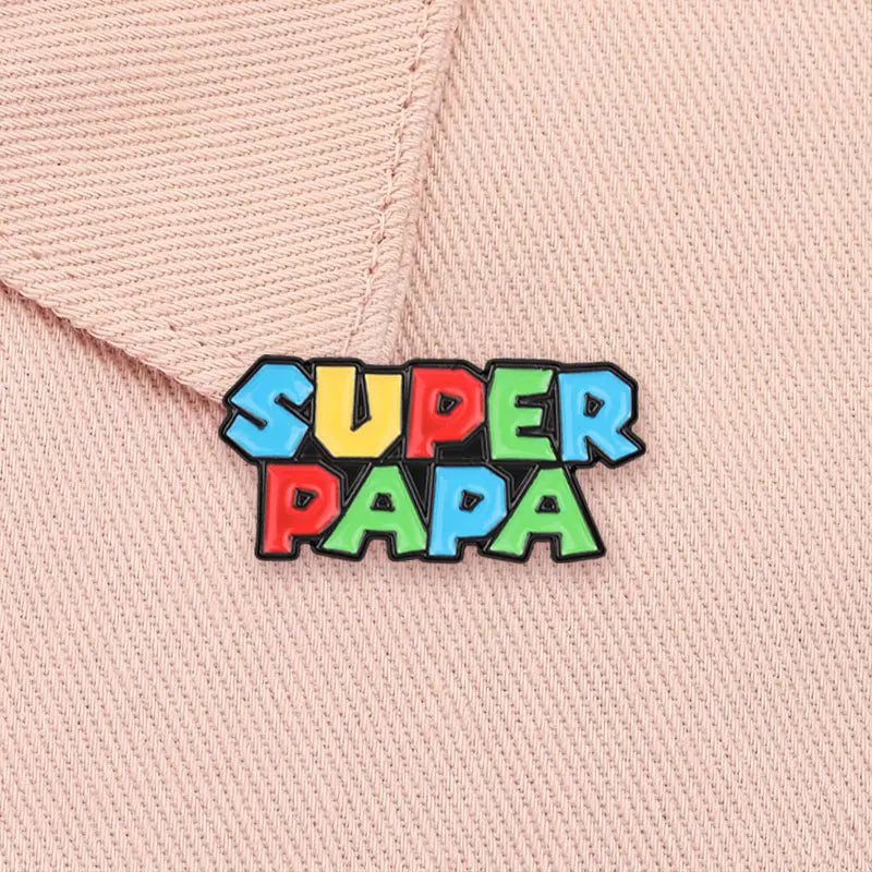 Super Papa Cartoon Enamel Pin Retro Video Game Colorful Block Letter Brooch Bag Lapel Badge Father's Day Jewelry Gift for Dad