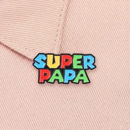 Super Papa Cartoon Enamel Pin Retro Video Game Colorful Block Letter Brooch Bag Lapel Badge Father's Day Jewelry Gift for Dad