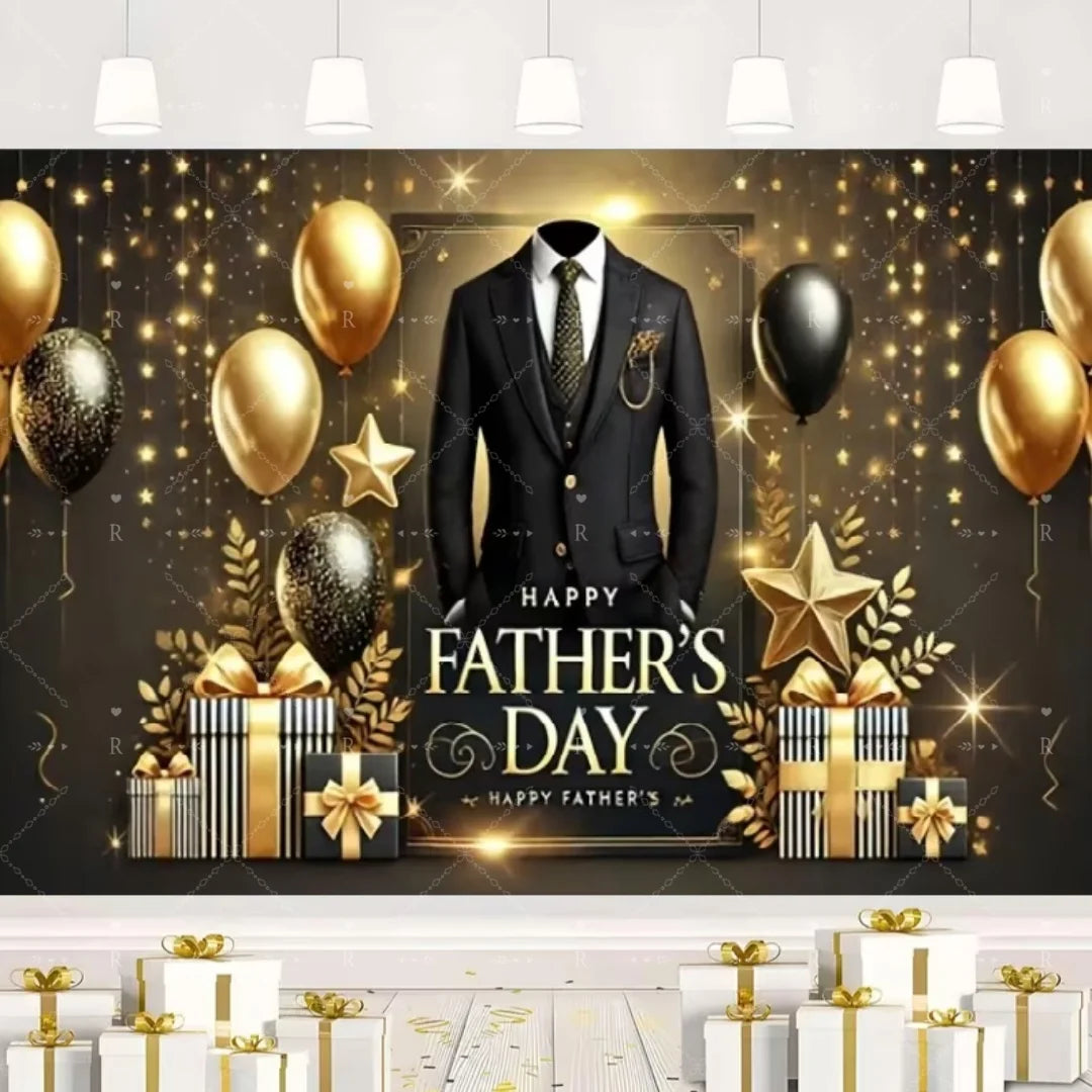 Happy Father's Day Family Party Decoration Background Feliz Día del Padre Golden Blue Balloon Backdrop for Man Tuxedo I Love Dad