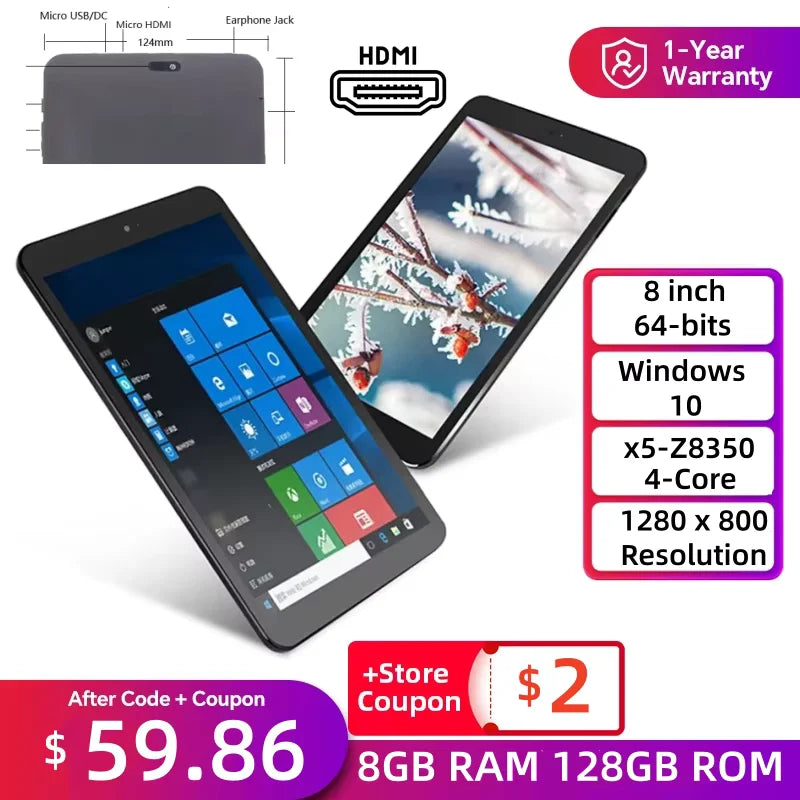 8GB RAM 128GB ROM 8" AR2 Windows 10 Tablet PC WIFI Bluetooth x5-Z8350 Quad Core 1280 x 800IPS Dual Cameras