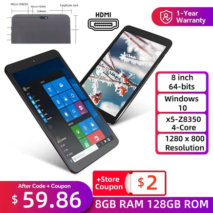 8GB RAM 128GB ROM 8" AR2 Windows 10 Tablet PC WIFI Bluetooth x5-Z8350 Quad Core 1280 x 800IPS Dual Cameras