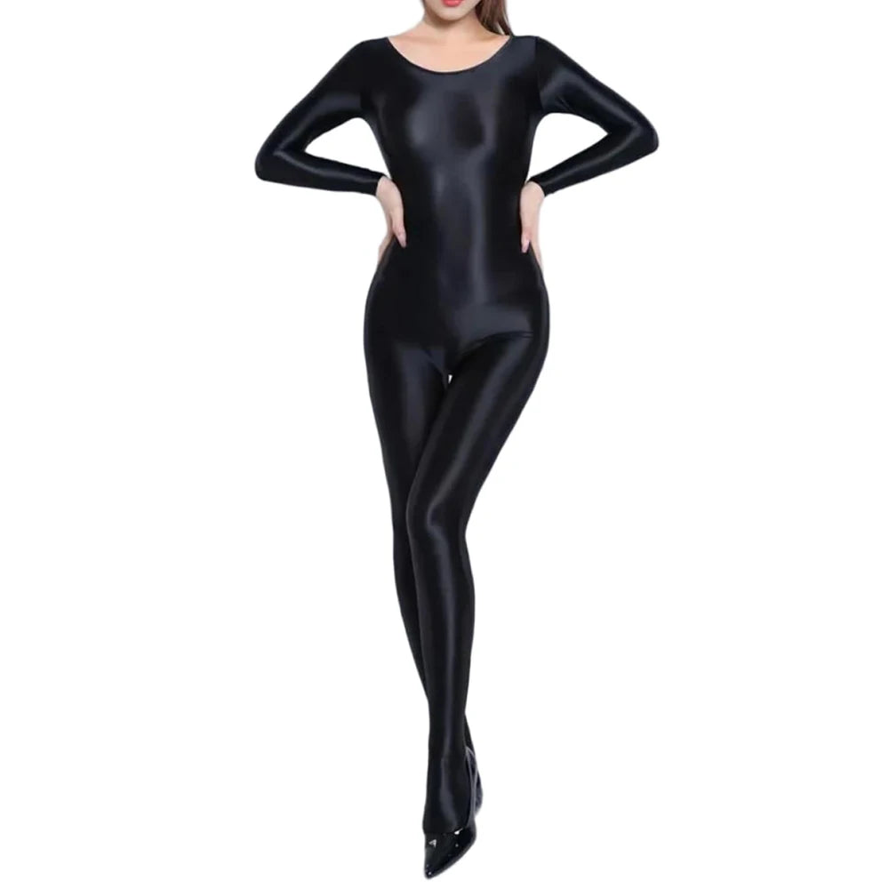Women Oil Shiny Long Sleeve Pantyhose Jumpsuit Bodystocking Yoga Gymnastics Shapewear One-Piece Swimsuit Catsuit Glossy Bodysuit