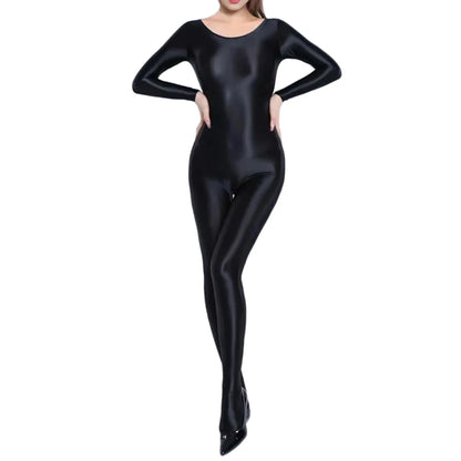 Women Oil Shiny Long Sleeve Pantyhose Jumpsuit Bodystocking Yoga Gymnastics Shapewear One-Piece Swimsuit Catsuit Glossy Bodysuit