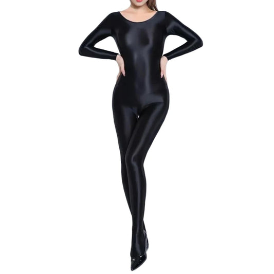 Women Oil Shiny Long Sleeve Pantyhose Jumpsuit Bodystocking Yoga Gymnastics Shapewear One-Piece Swimsuit Catsuit Glossy Bodysuit