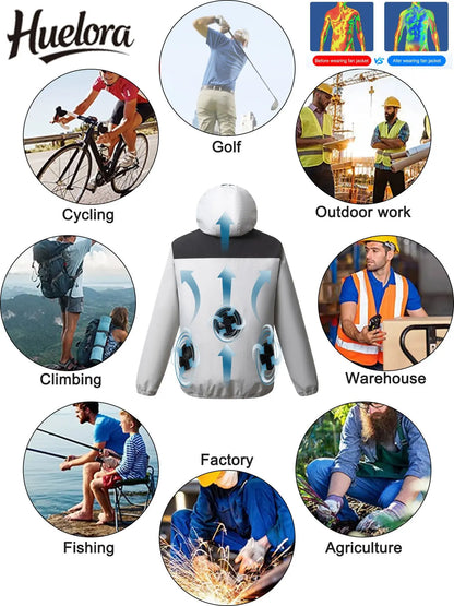 Summer Cooling Jacket Men Hooded Fan Jacket Heat Resistant Fan Air Conditioner Clothes Breathable Outdoor Fishing Fan Workwear