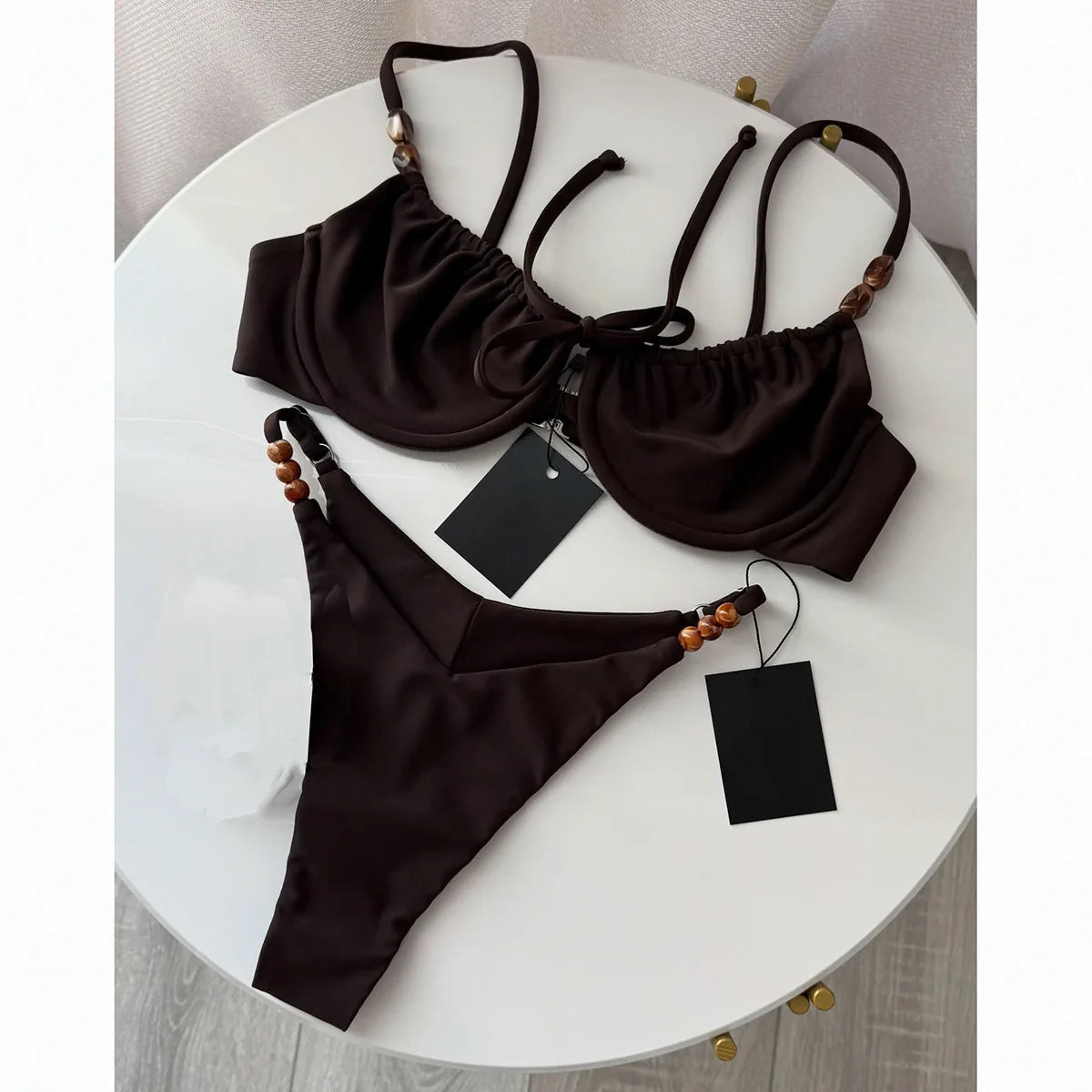 2026 New Sexy Underwire Padded Swimsuit Lace-up Micro Bikini Set Beachwear Female Push Up Low Waist Biquini Bead Decor Swimwear