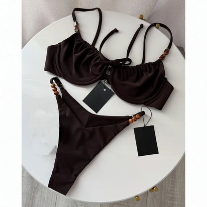 2026 New Sexy Underwire Padded Swimsuit Lace-up Micro Bikini Set Beachwear Female Push Up Low Waist Biquini Bead Decor Swimwear