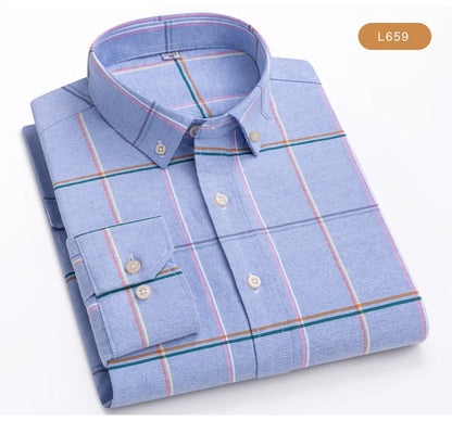 Men's Oxford Long Sleeve Shirt 100% Cotton Wrinkle Resistant & Breathable, Solid Plaid Striped Comfort Casual Button-down Shirts
