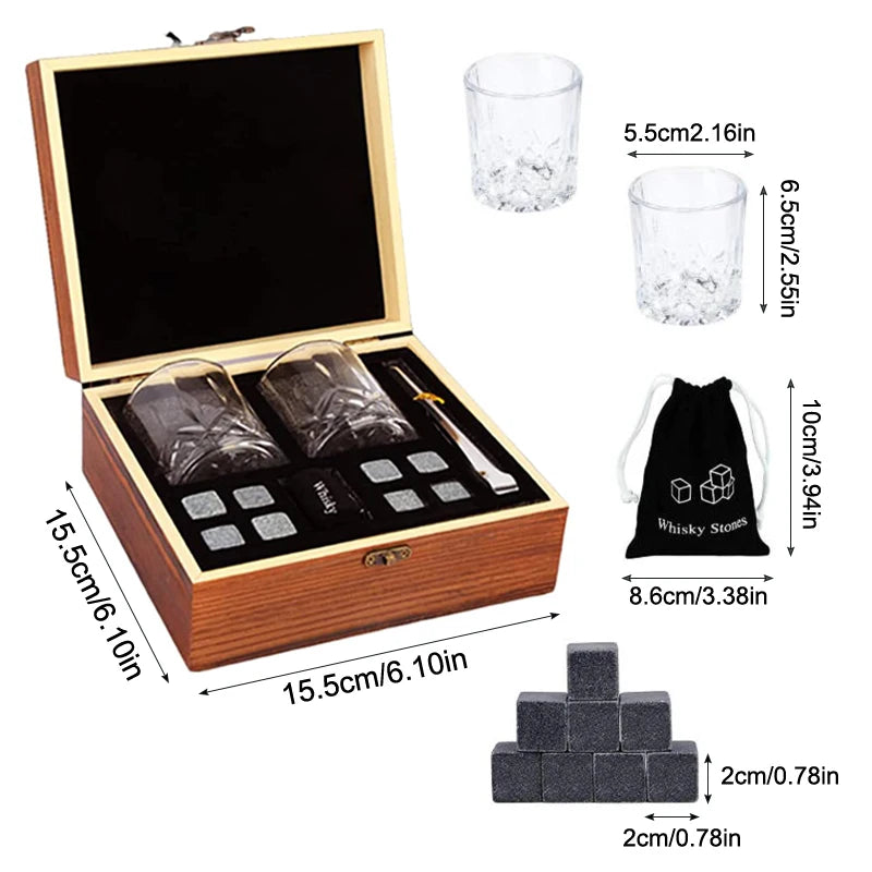 Father'S Day Gift For Men Whiskey Stones Set 8 Pcs Granite Ice Cubes+ 2 Pcs Cups For Whisky In Wooden Bottle Box Present For Dad
