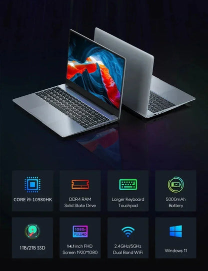 ACEKAMAS 14.1" intel Core i9-10980HK laptop 16GB RAM 1/2TB SSD Portable laptops Windows 11 Pro Office Gaming Notebook computer