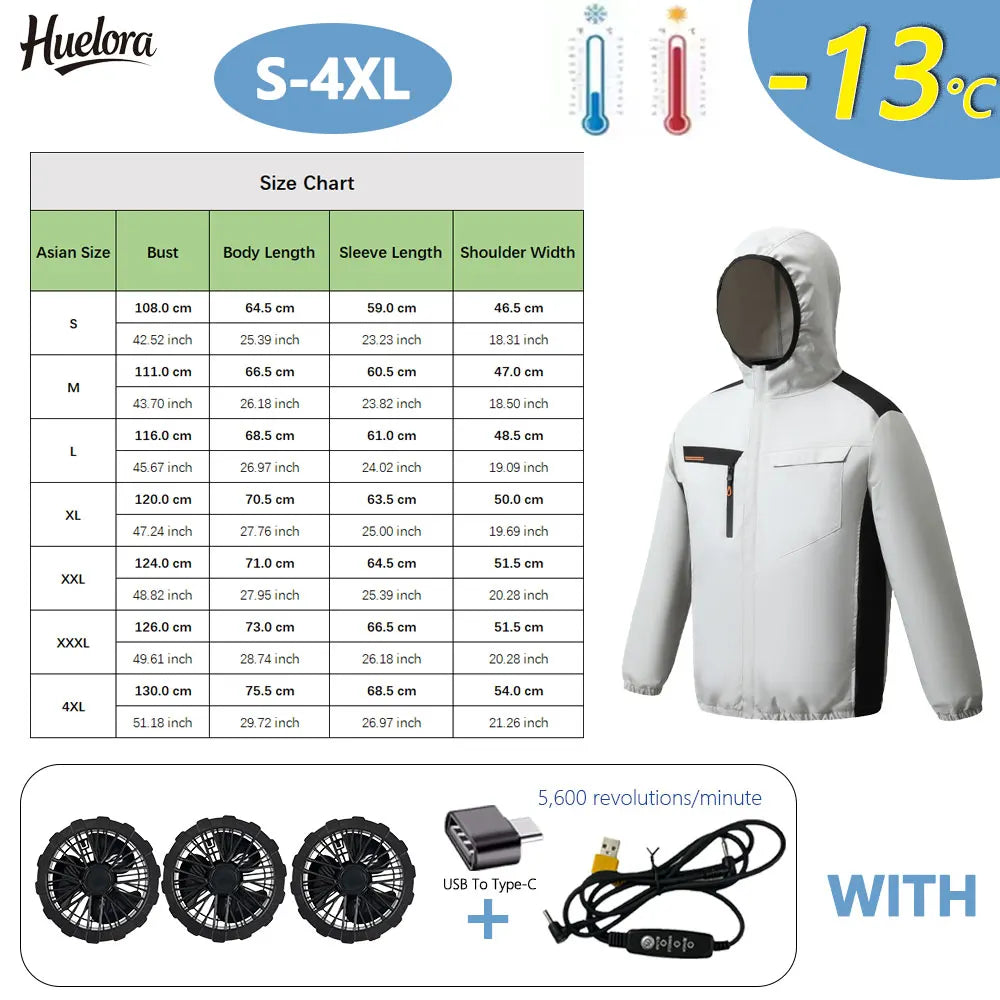 Summer Cooling Jacket Men Hooded Fan Jacket Heat Resistant Fan Air Conditioner Clothes Breathable Outdoor Fishing Fan Workwear