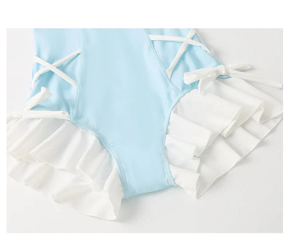 Japanese Lolita Girls Bow Cute Water Blue Swimsuit Hot Spring Bathing Swimwear Japanese Style Women One Peice Swimming Suit