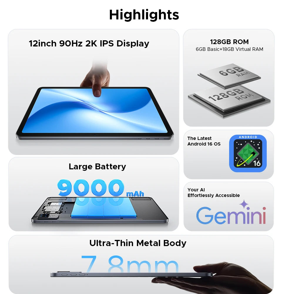 DOOGEE U12 Tablet PC Android 16 Gemini AI 12'' FHD+ Screen 24GB RAM 128GB 9000mAh Large Battery 7.8mm Ultra-thin Smart Pad