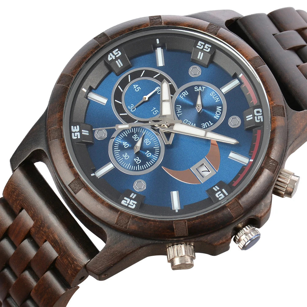 Wooden Wrist Watches For Men Fashion Quartz Wristwatches With Clock Date Week Timepieces Wood Wach Box for Him reloj hombre