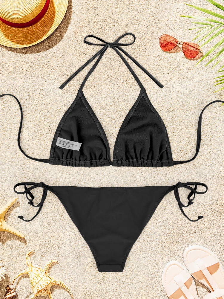 2Pcs Sexy Bikini Swimsuit For Women Solid Color Swimwear Summer Bathing Suits Females Backless Beachwear Halter Swimwear