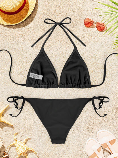 2Pcs Sexy Bikini Swimsuit For Women Solid Color Swimwear Summer Bathing Suits Females Backless Beachwear Halter Swimwear