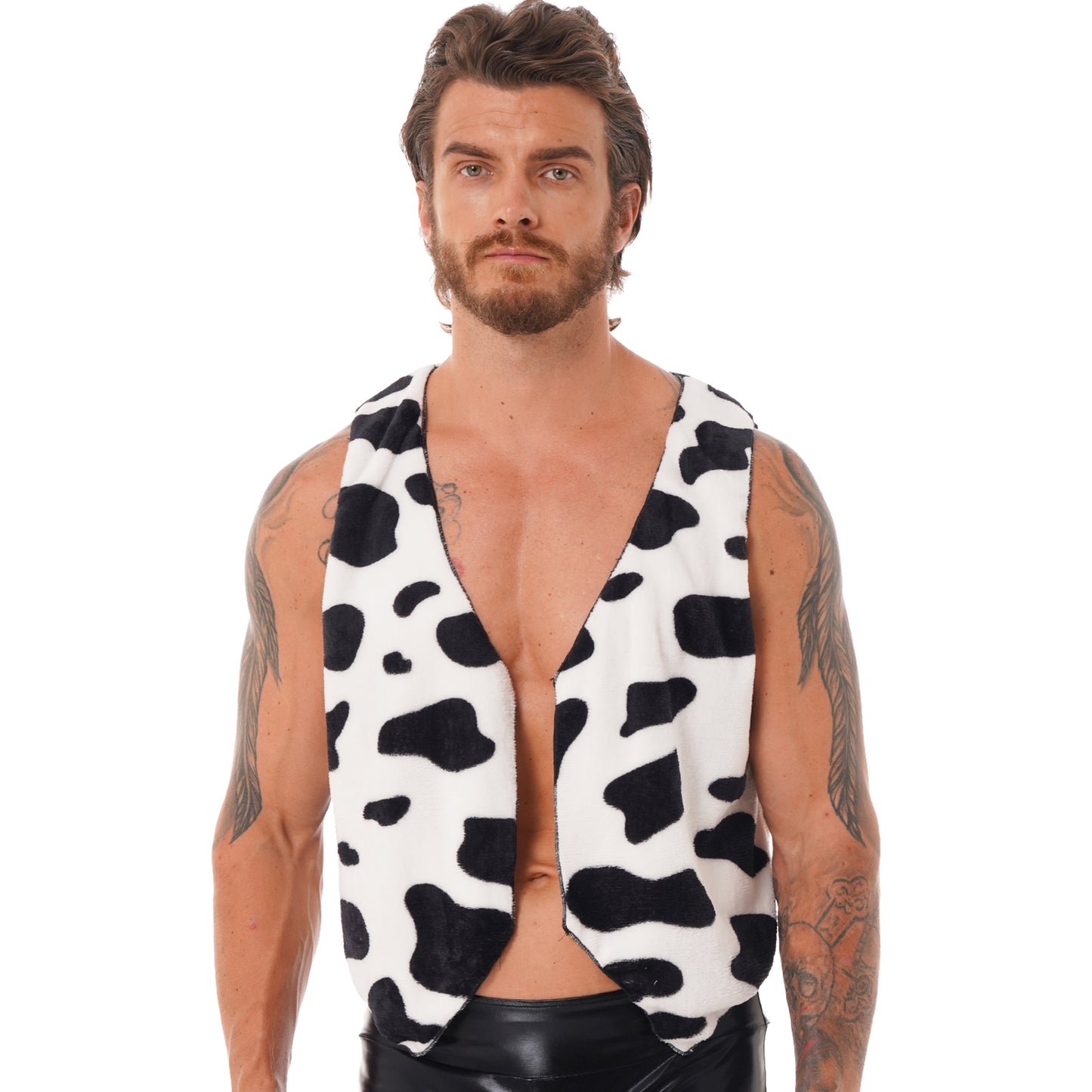 Men's Cow Print Vest Halloween Festival Cosplay Party Fancy Dress Up Sleeveless Open Front Waistcoat Vintage Hippie Costume Vest