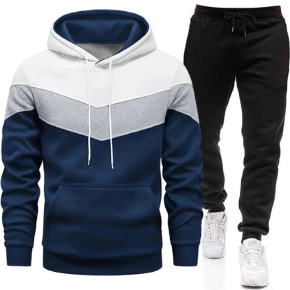 Autumn Winter Fashion Tracksuit Tricolor Hoodies and Black Sweatpants High Quality Male Daily Casual Sports Hooded Jogging Suit