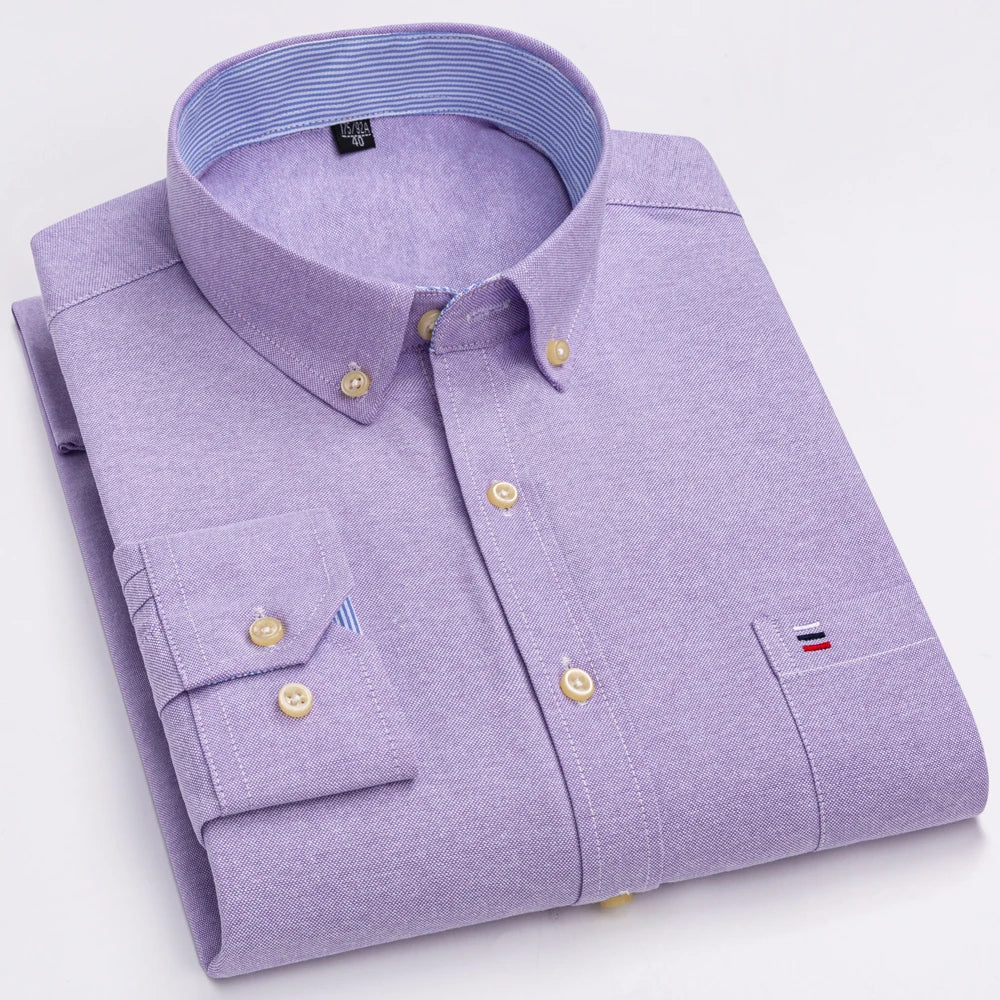 Men's Oxford Long Sleeve Shirt 100% Cotton Wrinkle Resistant & Breathable, Solid Plaid Striped Comfort Casual Button-down Shirts